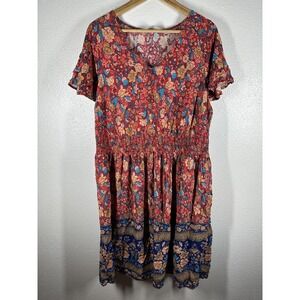 Agnes Orinda Dress Womens 2X Red Blue Floral Boho Smocked Waist Knee Length